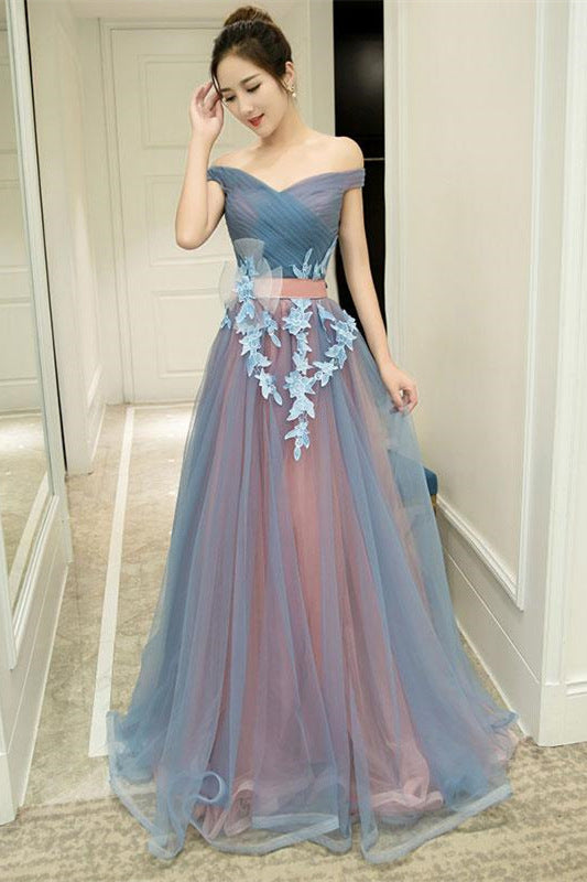 Chic Off the Shoulder Dusty Bule and Pink Long Prom Dress