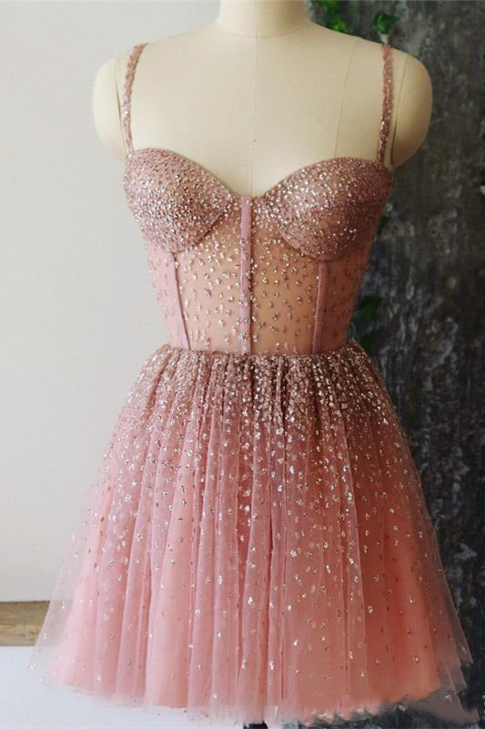 A-Line Spagehtti Straps Pink Short Homecoming Dress