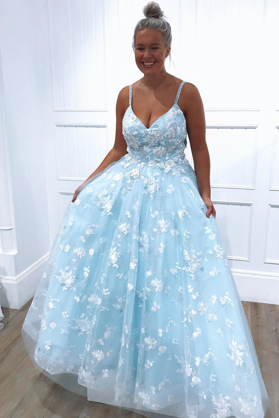 Beaded Straps Floral Appliques Light Blue Long Prom Dress  FancyVestido