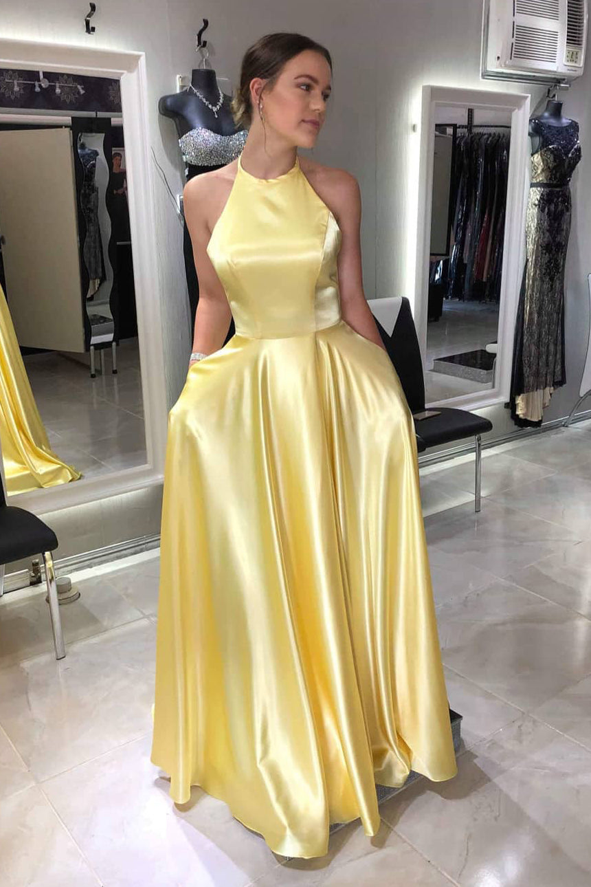 Halter Lace-Up Long Yellow Prom Dress with Pockets FancyVestido Halter Lace-Up Long Yellow Prom Dress with Pockets FancyVestido