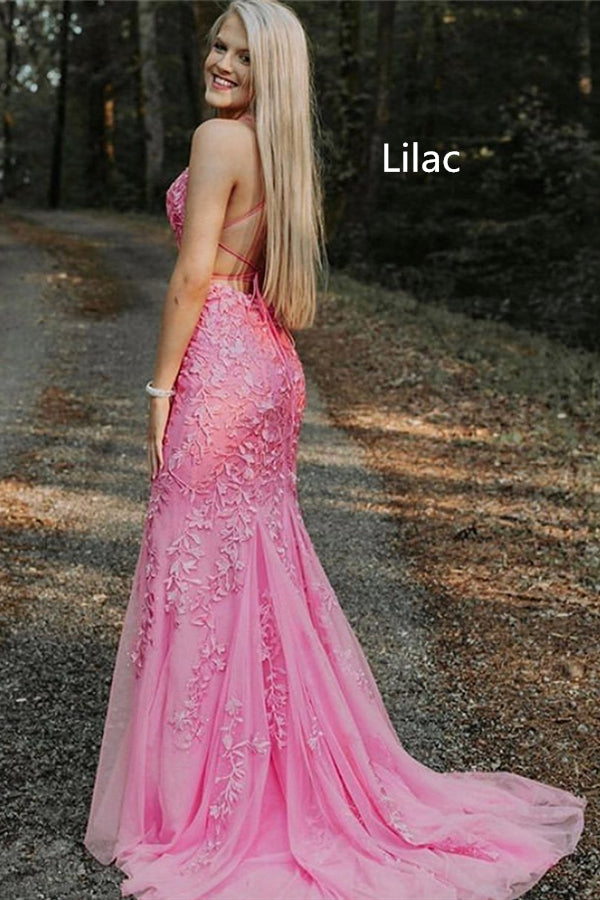 Mermaid Straps Long Lace Prom Dress with Lace-Up Back