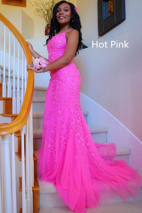 Mermaid Straps Long Lace Prom Dress with Lace-Up Back