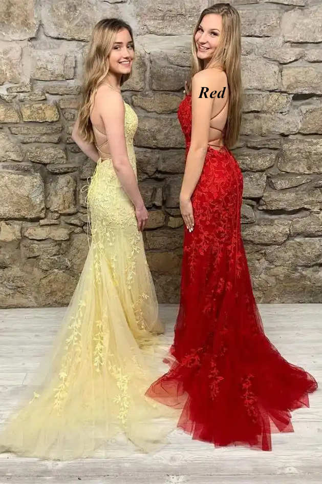 Mermaid Straps Long Lace Prom Dress with Lace-Up Back