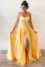 Straps Yellow Long Party Dress with Slit and Cross Back