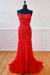 Mermaid Straps Long Dark Red Lace Prom Dress with Lace-Up