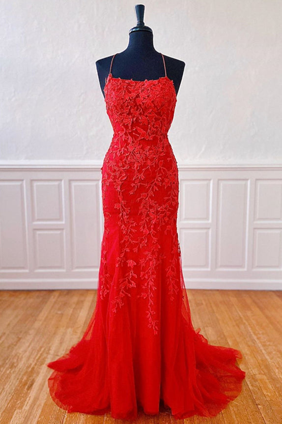 Mermaid Straps Long Dark Red Lace Prom Dress with Lace-Up