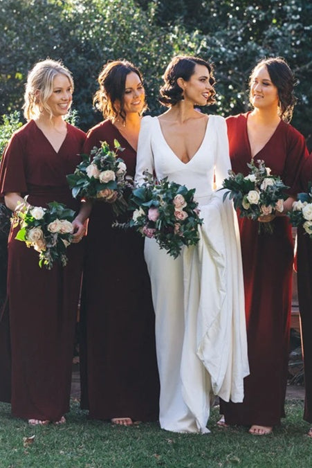 Elegant Long Half Sleeves A-line Burgundy Bridesmaid Dress with Slit FancyVestido Elegant Long Half Sleeves A-line Burgundy Bridesmaid Dress with Slit FancyVestido