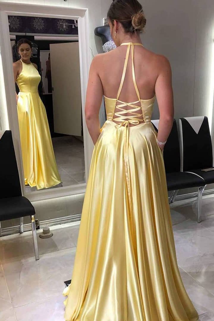 Halter Lace-Up Long Yellow Prom Dress with Pockets