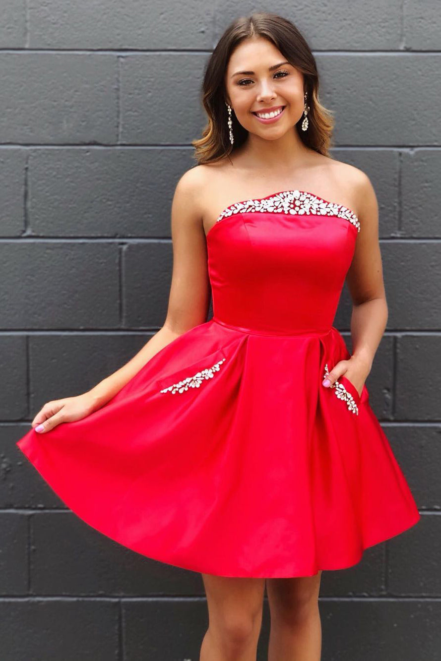 Strapless Crystals Short Satin Homecoming Dress with Pockets