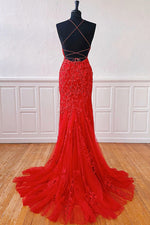 Mermaid Straps Long Dark Red Lace Prom Dress with Lace-Up