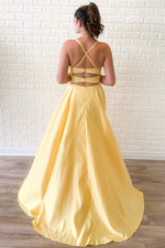 Straps Yellow Long Party Dress with Slit and Cross Back