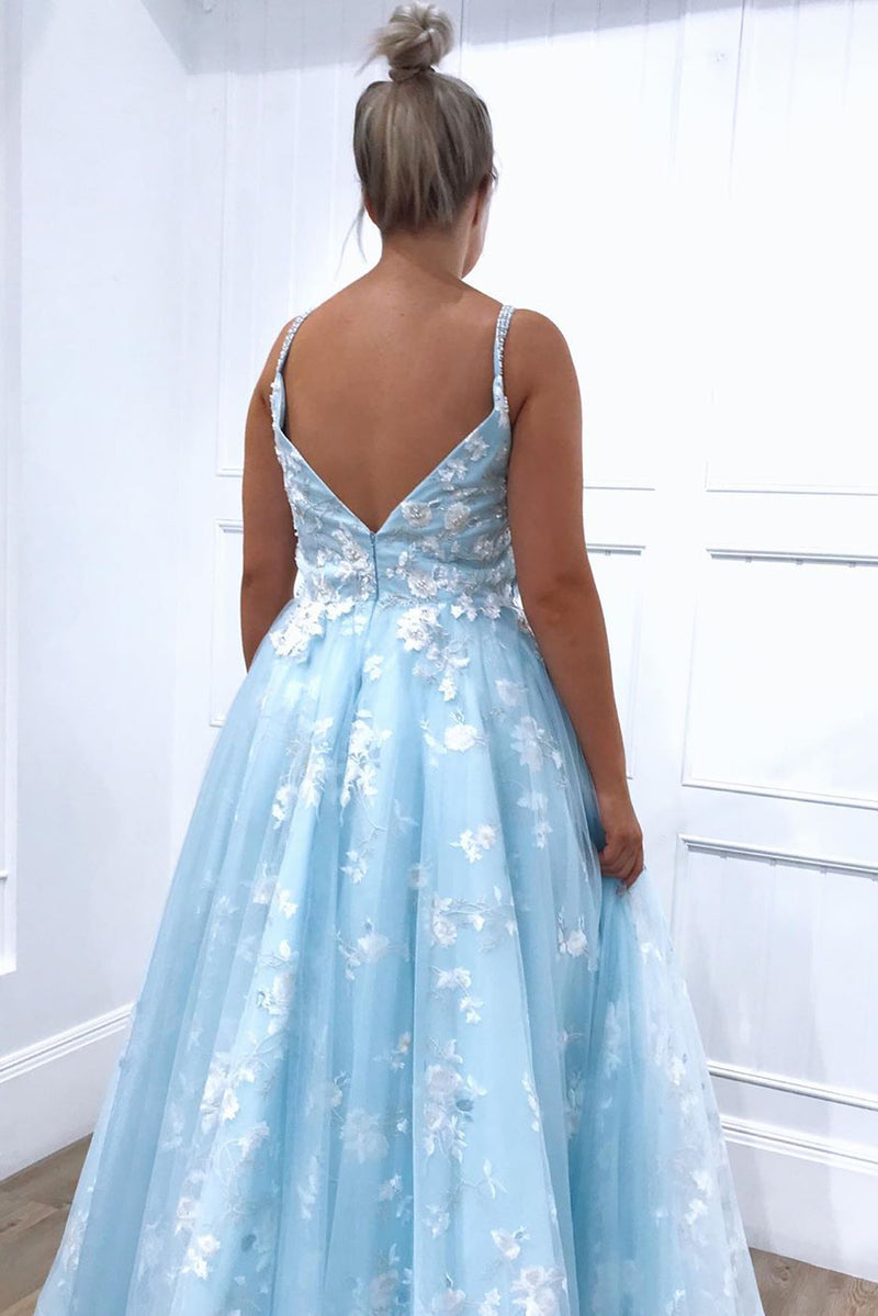 Beaded Straps Floral Appliques Light Blue Long Prom Dress