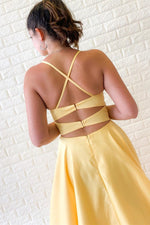 Straps Yellow Long Party Dress with Slit and Cross Back