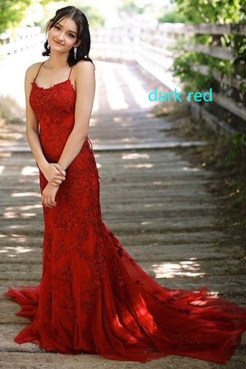 Mermaid Straps Long Dark Red Lace Prom Dress with Lace-Up