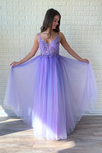 V-Neck Backless Tulle A-Line Lace Appliques Party Prom Dress