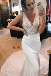 Princess Long V-Neck A-line White Wedding Dress with Lace Top