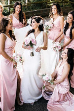 V-Neck Floor-Length Pink Bridesmaid Dress with Slit