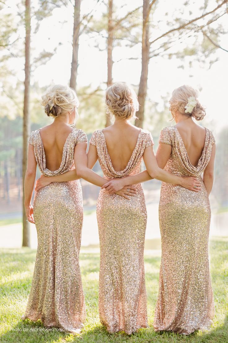 Rose Gold Sequins Long Bridesmaid Dress with Cowl Back