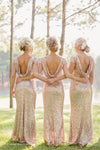 Rose Gold Sequins Long Bridesmaid Dress with Cowl Back