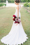 Princess Long V-Neck A-line White Wedding Dress with Lace Top