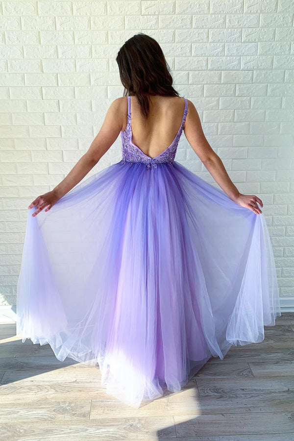 V-Neck Backless Tulle A-Line Lace Appliques Party Prom Dress