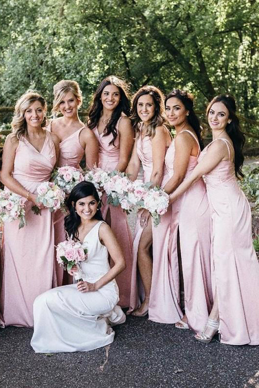V-Neck Floor-Length Pink Bridesmaid Dress with Slit FancyVestido V-Neck Floor-Length Pink Bridesmaid Dress with Slit FancyVestido