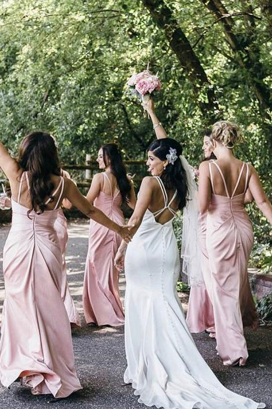 V-Neck Floor-Length Pink Bridesmaid Dress with Slit