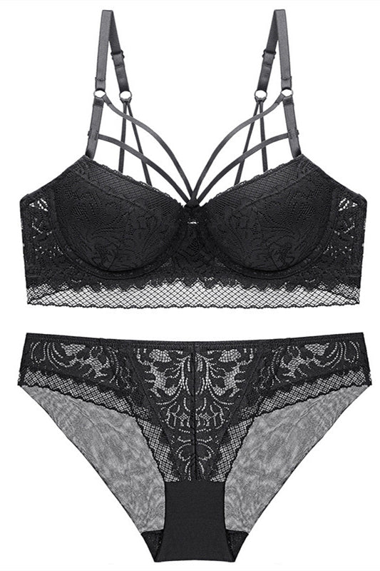 Elegant Straps Navy Blue Lace Lingerie Set