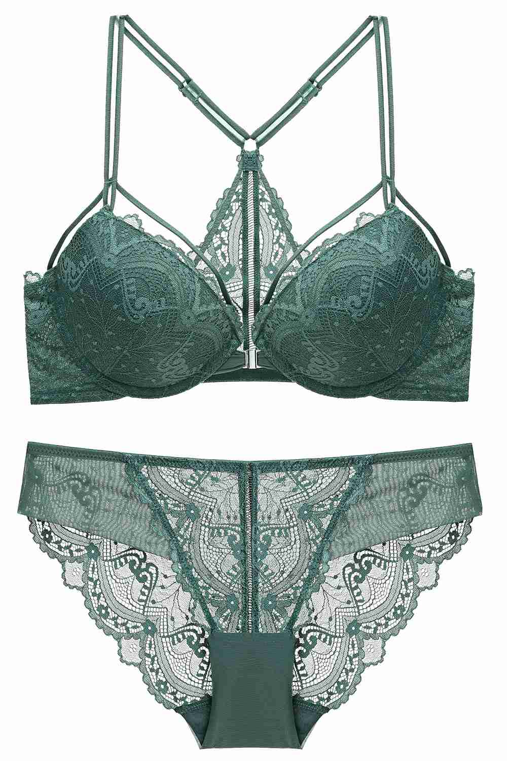 Front Button Dark Green Lace Lingerie Set