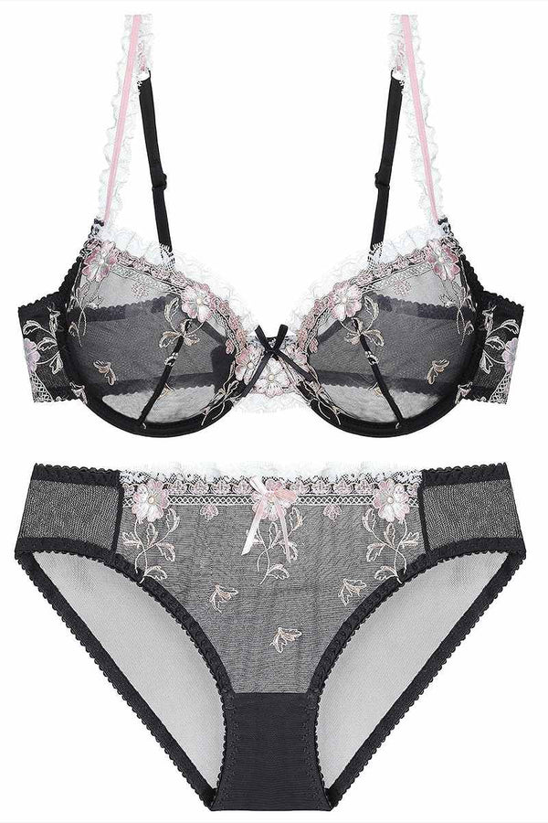 Elegant Illusion Pink Floral Lace Lingerie Set with Appliques