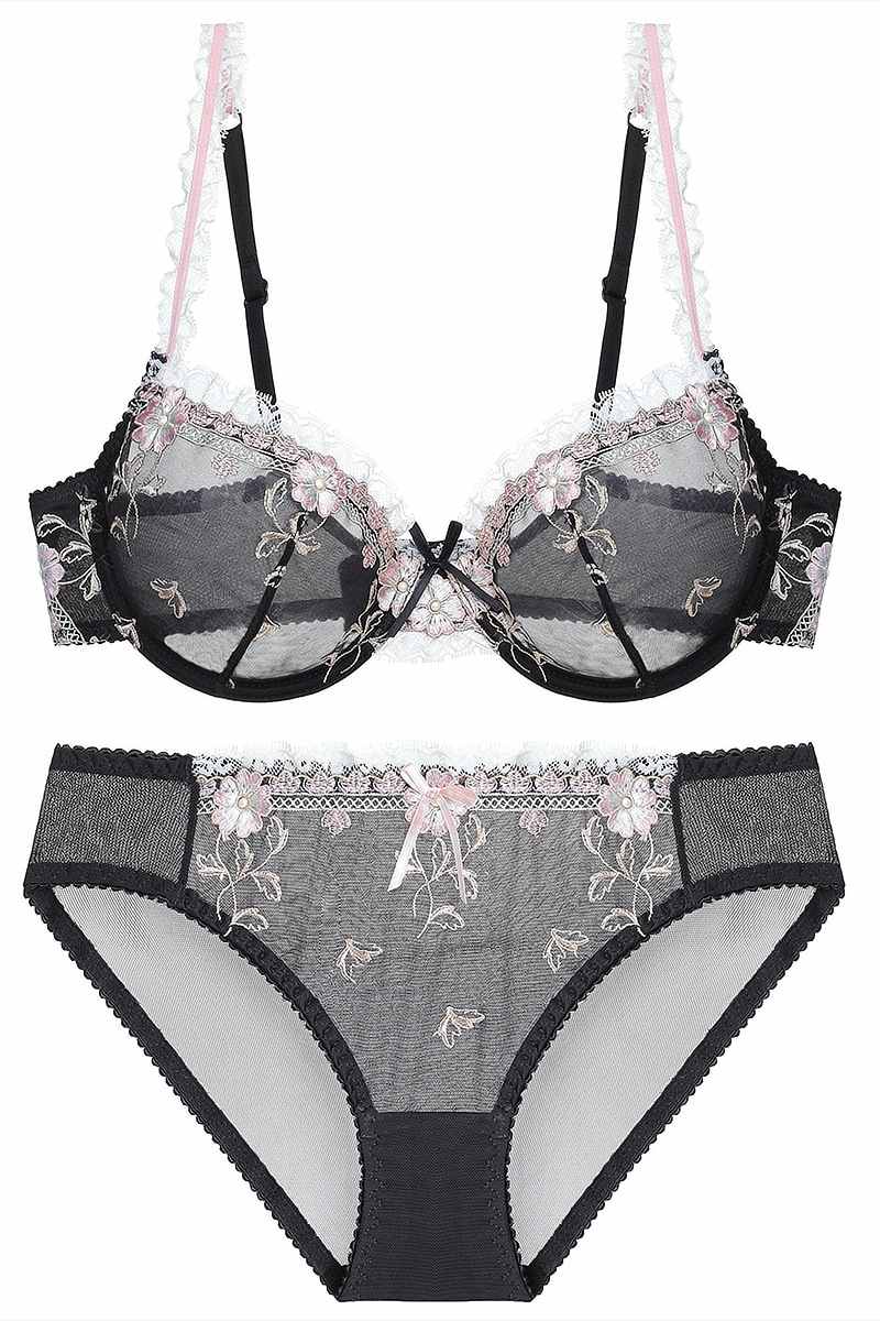 Elegant Illusion Pink Floral Lace Lingerie Set with Appliques