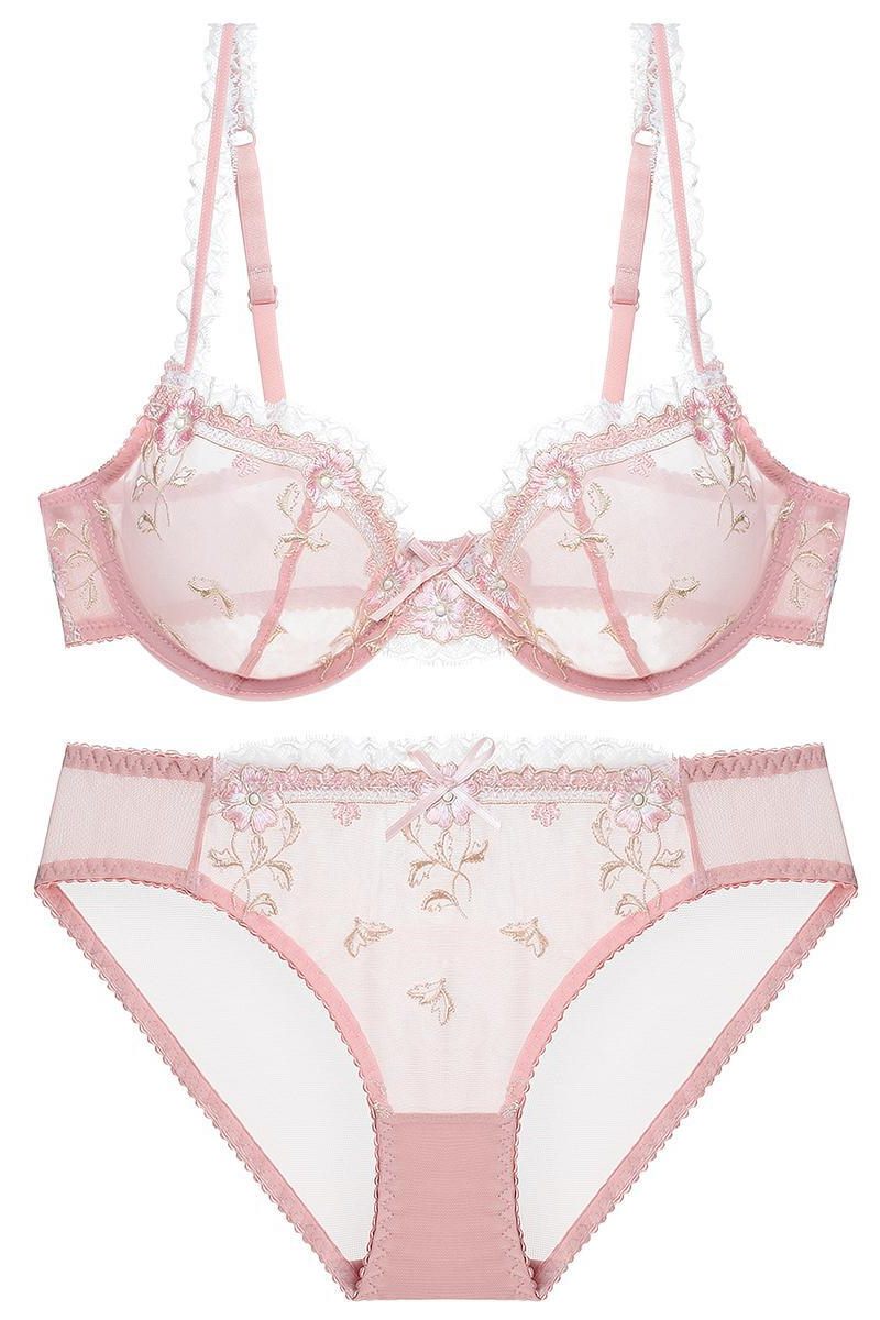 Elegant Illusion Pink Floral Lace Lingerie Set with Appliques