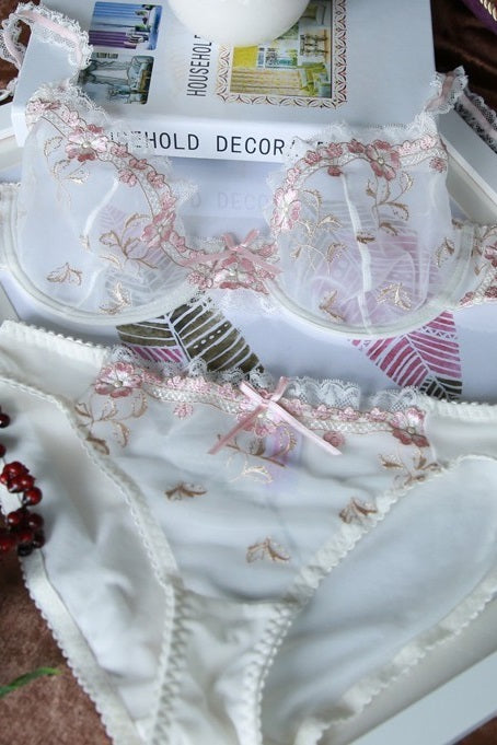 Elegant Illusion Pink Floral Lace Lingerie Set with Appliques