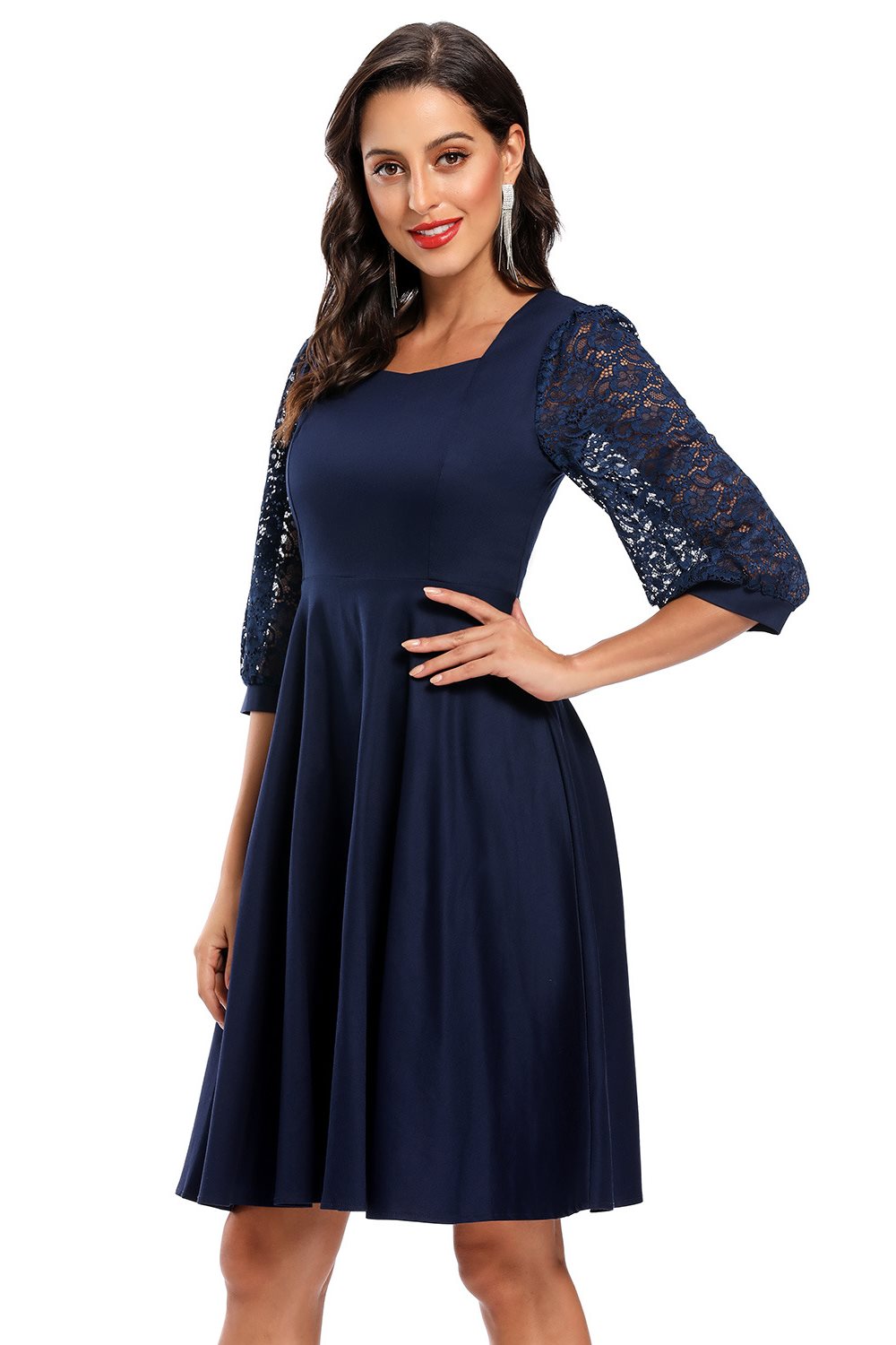 Square Neck Navy Blue Short Party Dress with Long Sleeves – FancyVestido