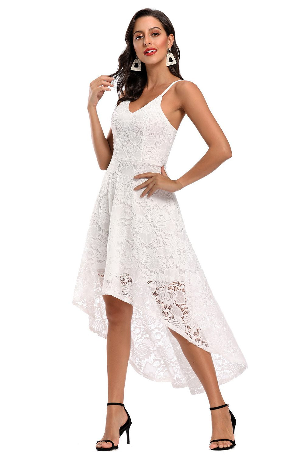 Spaghetti Straps Hi-Low White Lace Party Dress