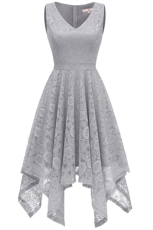 Asymmetrical Silver Lace Mother of the Bride Dress