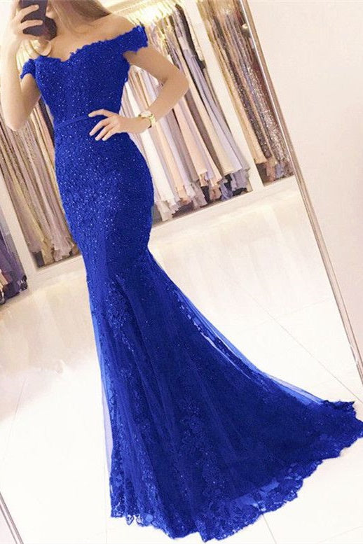 Mermaid Off-the-Shoulder Royal Blue Prom Dress with Appliques FancyVestido Mermaid Off-the-Shoulder Royal Blue Prom Dress with Appliques FancyVestido