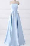 Elegant Beaded Pockets Strapless Baby Blue Long Prom Dress
