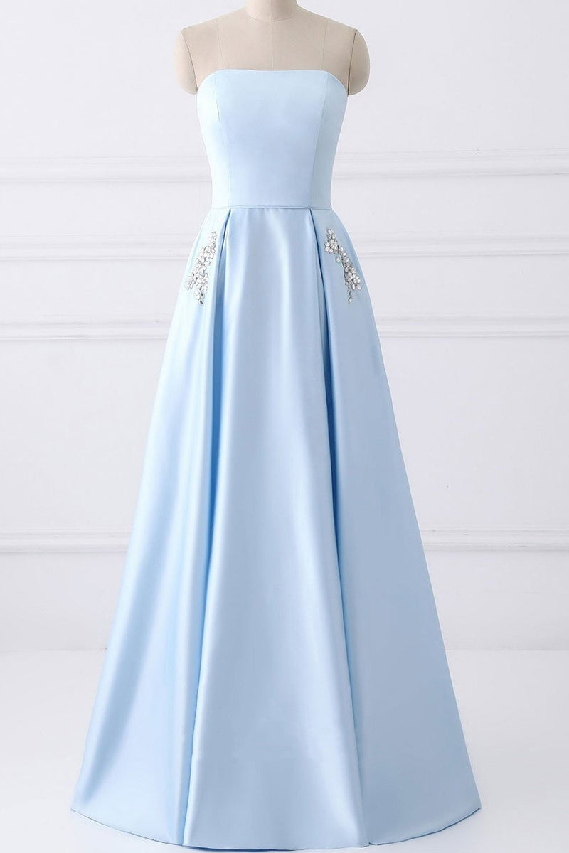 Elegant Beaded Pockets Strapless Baby Blue Long Prom Dress
