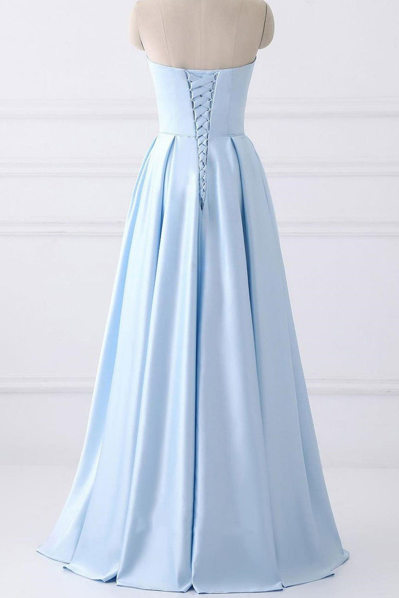 Elegant Beaded Pockets Strapless Baby Blue Long Prom Dress