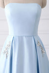 Elegant Beaded Pockets Strapless Baby Blue Long Prom Dress