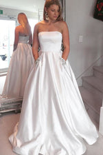 Elegant Beaded Pockets Strapless Baby Blue Long Prom Dress