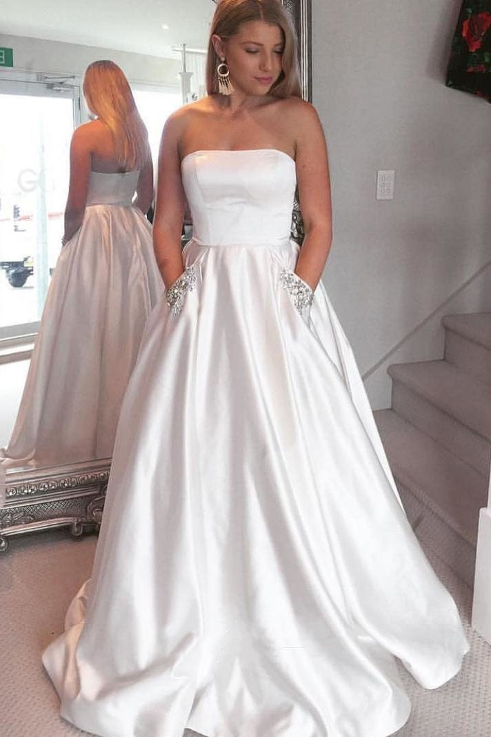 Elegant Beaded Pockets Strapless Baby Blue Long Prom Dress