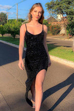 Spaghetti Strap Mermaid Black Sequin Prom Dress with Slit