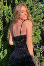 Spaghetti Strap Mermaid Black Sequin Prom Dress with Slit