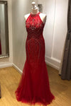 Mermaid Halter Beaded Long Red Prom Dress