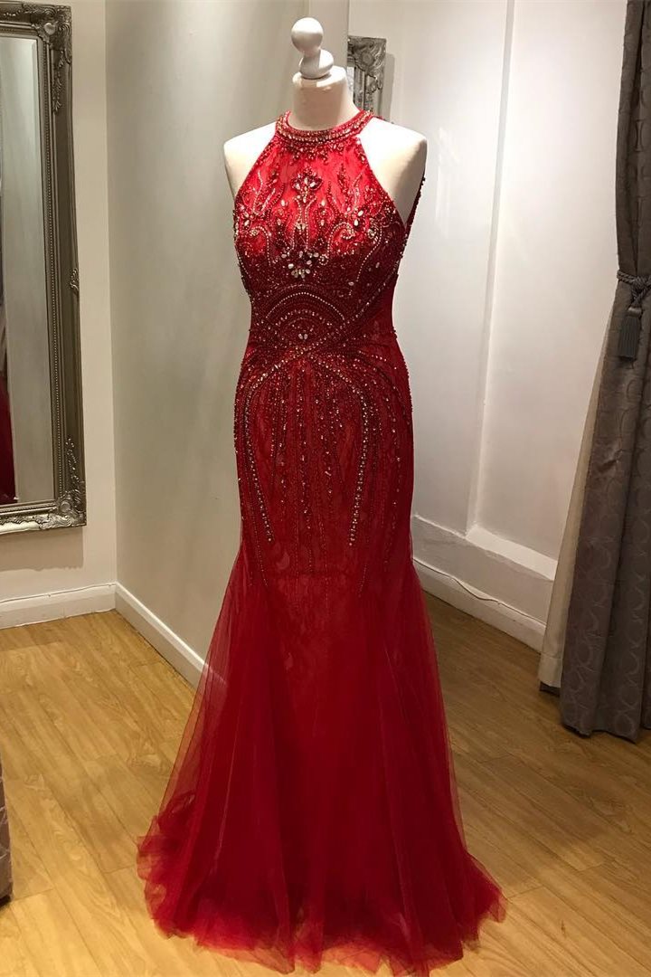 Mermaid Halter Beaded Long Red Prom Dress