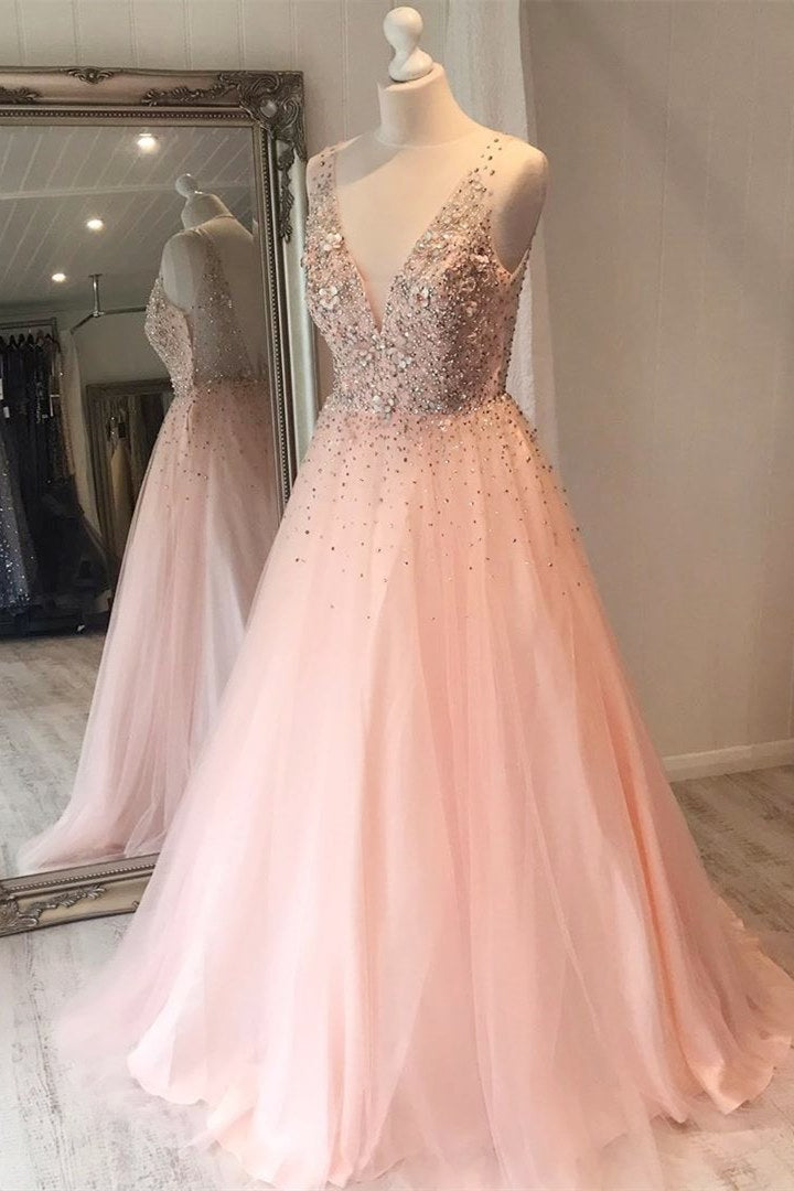 Elegant V-Neck Beaded Long Pale Pink Prom Dress FancyVestido Elegant V-Neck Beaded Long Pale Pink Prom Dress FancyVestido