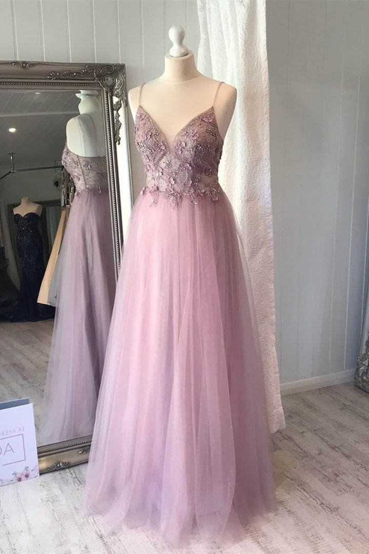 A-line Spaghetti Strap Lilac Prom Dress with Flowers – FancyVestido