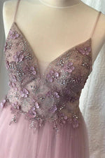 A-line Spaghetti Strap Lilac Prom Dress with Flowers